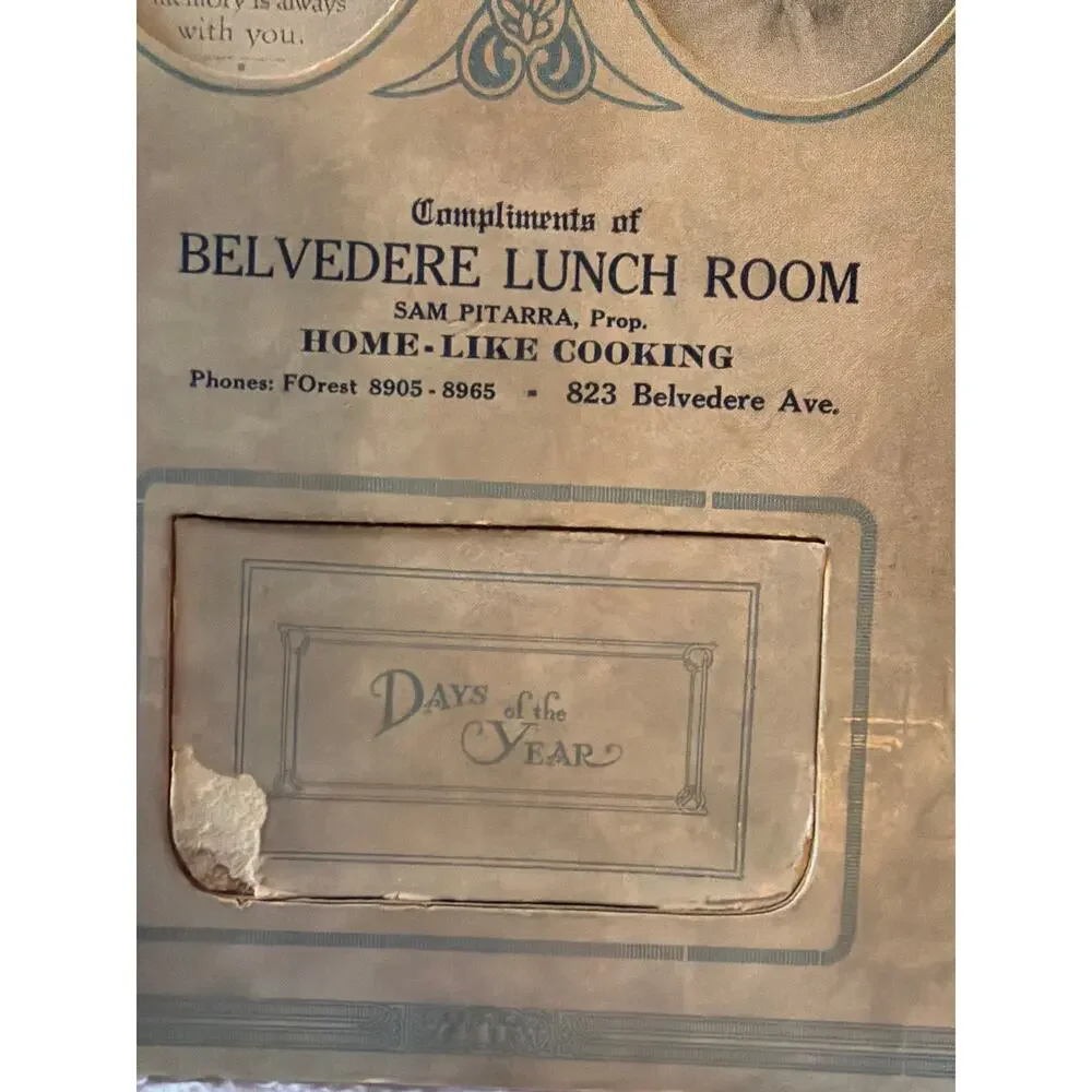 Vintage Belvedere Lunch Room Advertising Calendar Mother Print 823 Belvedere Ave